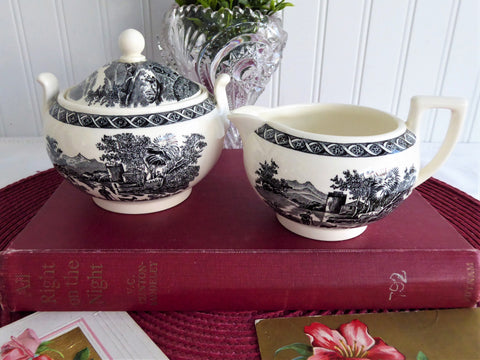 Sugar And Creamer Wedgwood Lugano Black Transferware 1960s Afternoon Tea