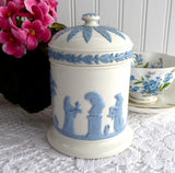 Wedgwood Queen's Ware Cylinder Box Tea Caddy 1960s Blue On White Sacrifice Figures