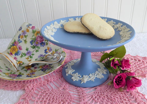 Wedgwood Blue Jasperware Pedestal Compote Taza 1960s Server Grapevines