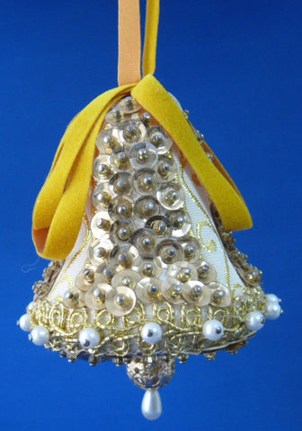 Vintage Beaded Ornament Gold And White Bell Hand Made Mid Century 1960s
