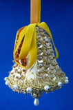 Vintage Beaded Ornament Gold And White Bell Hand Made Mid Century 1960s