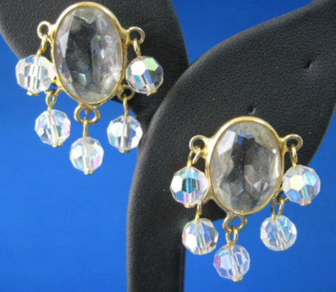 Crystal Dangle Earrings 1960s Crystal Ovals Iridescent Dangling Faceted Balls