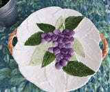 Embossed Ceramic Cake Plate Platter Serving 1960s Purple Grapes Raised Hand Painted