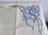 Embroidered Tablecloth Daffodils 36 Inch Square 4 Napkins 1960s Bridge Cloth Card Table