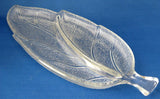 Leaf Shape Relish Dish Textured 2 Sections Figural 1960s Pressed Glass Serving Tea Party
