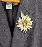 Brooch Large Gold Flower Pin 1960s Aurora Borealis Rhinestone Center Daisy