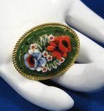 Brooch Italian Mini Mosaic Flower Bouquet Green Background 1960s Italy Marked Pin