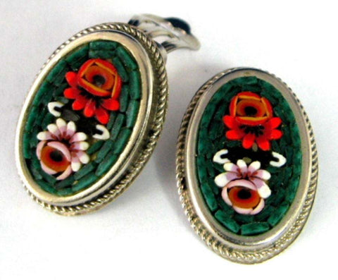 Earrings Italian Mini Mosaic 1960s Clips Roses Oval Italy Green Background Micro