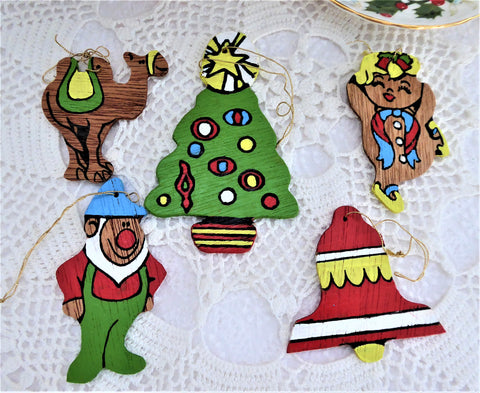 Christmas Ornaments 1960s Painted Wood Handmade Set Of 5 Double Sided Artisan USA