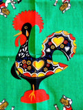 Tea Towel Retro Rooster Portuguese Dancers Green Red 1960s Dish Towel