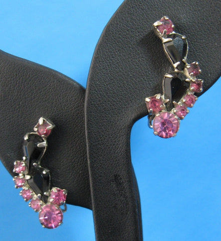Retro Rhinestones Earrings Pink Black Round And Pear Shape Crescent 1950s Clip
