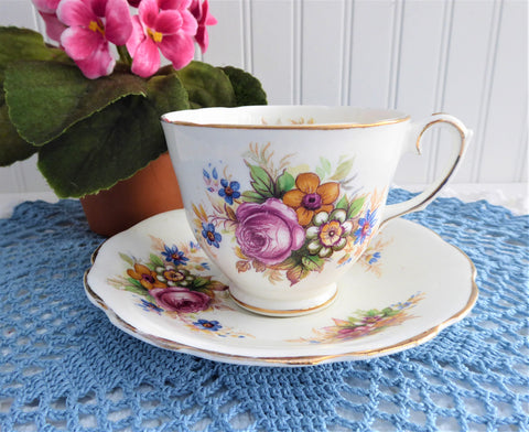 Pretty Floral Bouquet Cup And Saucer Vintage English 1960s Pink Rose
