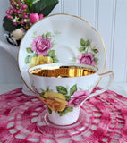 Luxe Gold Band Pink And Yellow Roses Cup And Saucer 1960s Jason England
