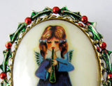 Christmas Angel Pin Porcelain Oval Painted Holly Frame 1960s Musician Holiday
