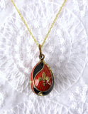 Enamel Easter Egg Pendant Necklace Red And Black Rhinestones Fleur d Lis GF