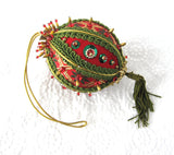 Beaded Christmas Tree Ornament Hand Made 1960s Large Red Green Gold