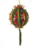 Beaded Christmas Tree Ornament Hand Made 1960s Large Red Green Gold