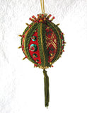 Beaded Christmas Tree Ornament Hand Made 1960s Large Red Green Gold