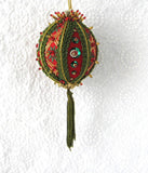 Beaded Christmas Tree Ornament Hand Made 1960s Large Red Green Gold