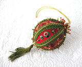 Beaded Christmas Tree Ornament Hand Made 1960s Large Red Green Gold