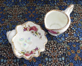 Unusual Shell Shape Cream And Sugar 1960s English Bone China Floral Brush Gold