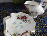 Unusual Shell Shape Cream And Sugar 1960s English Bone China Floral Brush Gold