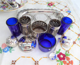 Salt Pepper Mustard Tray Set 11 Piece Set 1960s Cobalt Blue Glass Silverplate