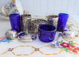 Salt Pepper Mustard Tray Set 11 Piece Set 1960s Cobalt Blue Glass Silverplate