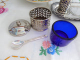 Salt Pepper Mustard Tray Set 11 Piece Set 1960s Cobalt Blue Glass Silverplate