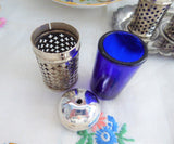 Salt Pepper Mustard Tray Set 11 Piece Set 1960s Cobalt Blue Glass Silverplate