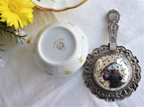 Yellow Daisy Tea Strainer And Bowl Porcelain Silverplate 1970s Tea Leaf Strainer