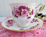 Teacup Pink Magenta Floral  Queen Anne English Bone China Cup And Saucer 1960s