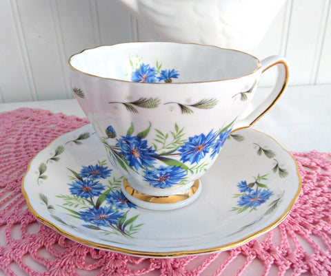 Blue Cornflowers Cup and Saucer Royal Vale Bachelor Buttons Bone China 1960s