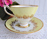 Yellow Bands Pink Rose Teacup Clare English Gold Overlay 1960s