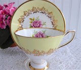 Yellow Bands Pink Rose Teacup Clare English Gold Overlay 1960s