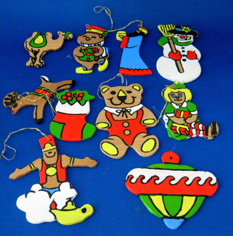 Hand Painted Wood Ornaments Set of 10 Bear Doll Genie 1970s Artisan USA