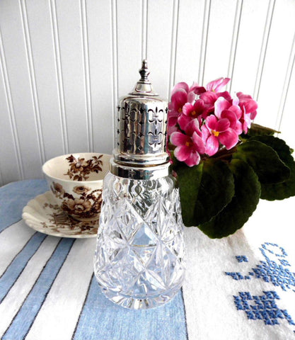 Sugar Shaker Caster Lead Crystal Gothic Sterling Top Muffinneer English Hallmarked 1962