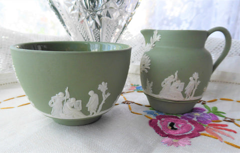 Wedgwood Green Jasper Sugar And Creamer Icarus Aesculapius 1963 Green And White