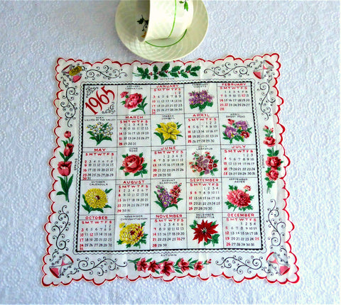 Calendar Handkerchief 1965 Original Sticker Monthly Flowers Dates Hanky