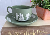Cup and Saucer Wedgwood green Jasperware Sacrifice Figures Cherubs 1970 England