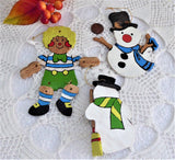 Ornaments Hand Painted Wood 2 Snowmen And Raggedy Andy 1970s Hand Made