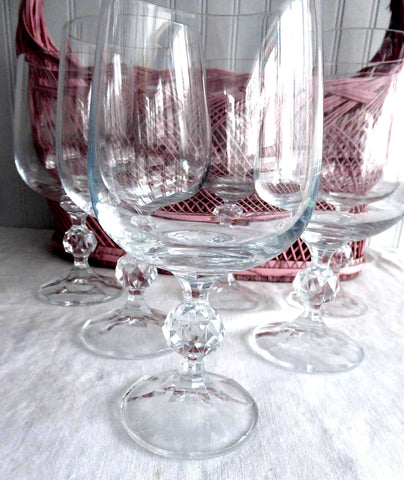 Bohemia Crystal 6 Water Goblets Glasses Lead Crystal Claudia Faceted Ball Knop 1970s