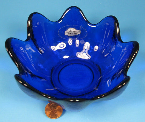 Blenko Cobalt Blue Art Glass Clover Bowl Original 5.5 Inch With Tag Husted 1970s