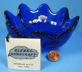 Blenko Cobalt Blue Art Glass Clover Bowl Original 5.5 Inch With Tag Husted 1970s