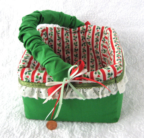 Christmas Fabric Basket 1970s Hand Made Display Decorative Holiday Holder