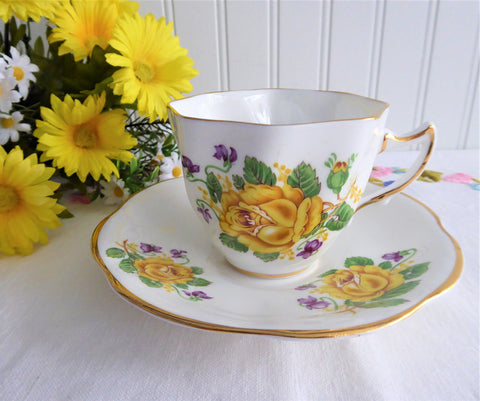 Violets Yellow Roses Teacup English Bone China Clare Vintage 1970s