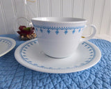 Snowflake Garland Cups and Saucers 2 Corelle 1970s Blue And White Milk Glass
