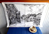 English Tea Towel Cornish Village Dunster Artist Printed Black On White City View 1970s