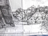 English Tea Towel Cornish Village Dunster Artist Printed Black On White City View 1970s