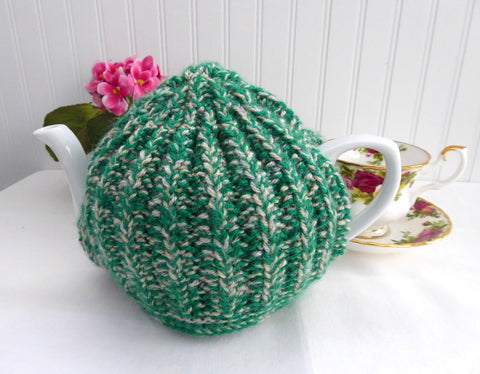 Variegated Medium English Tea Cozy Green Tan Cosy Knitted Stretchy 1970s Tea Cosy
